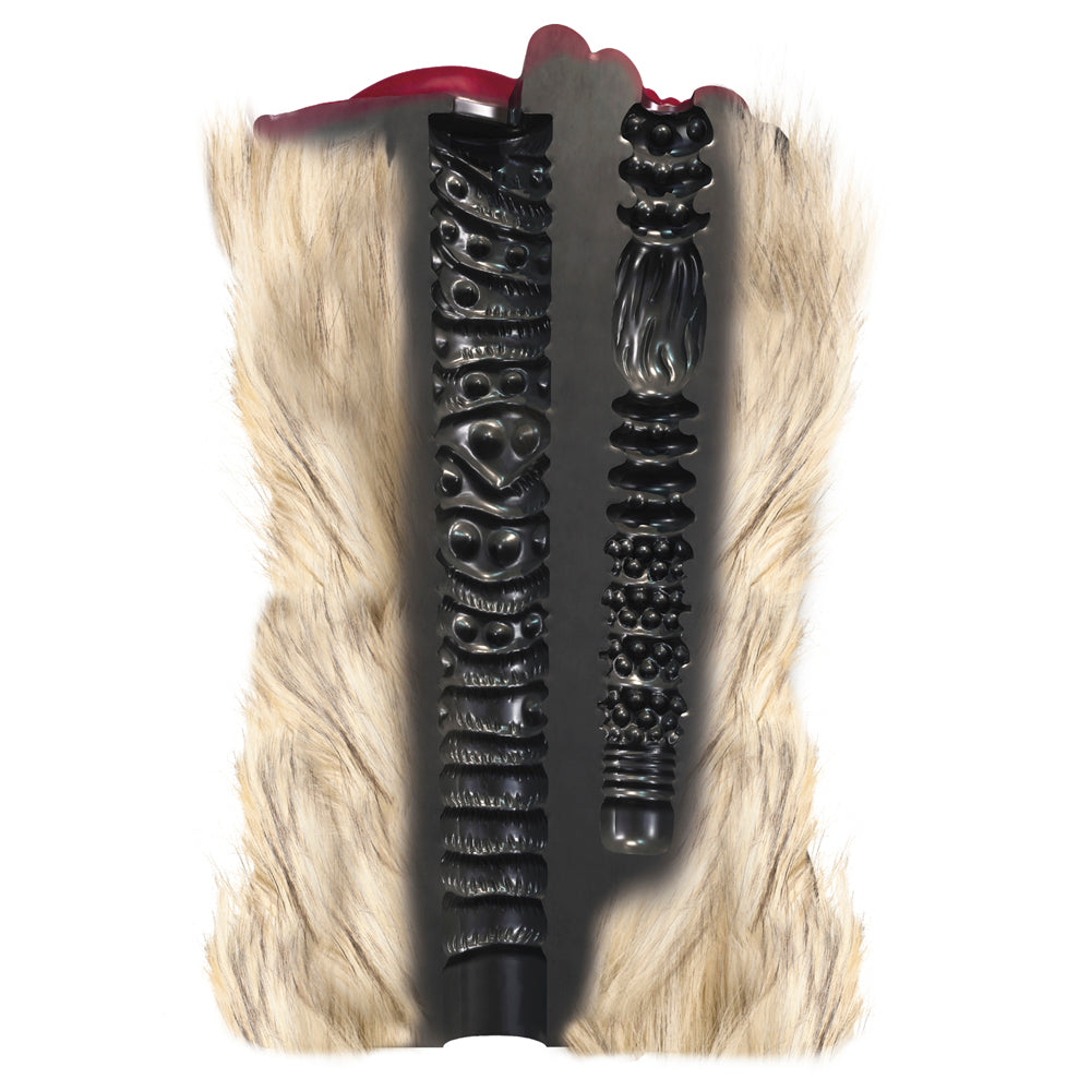 Two black silicone strokers with textured patterns, one with a fur exterior.