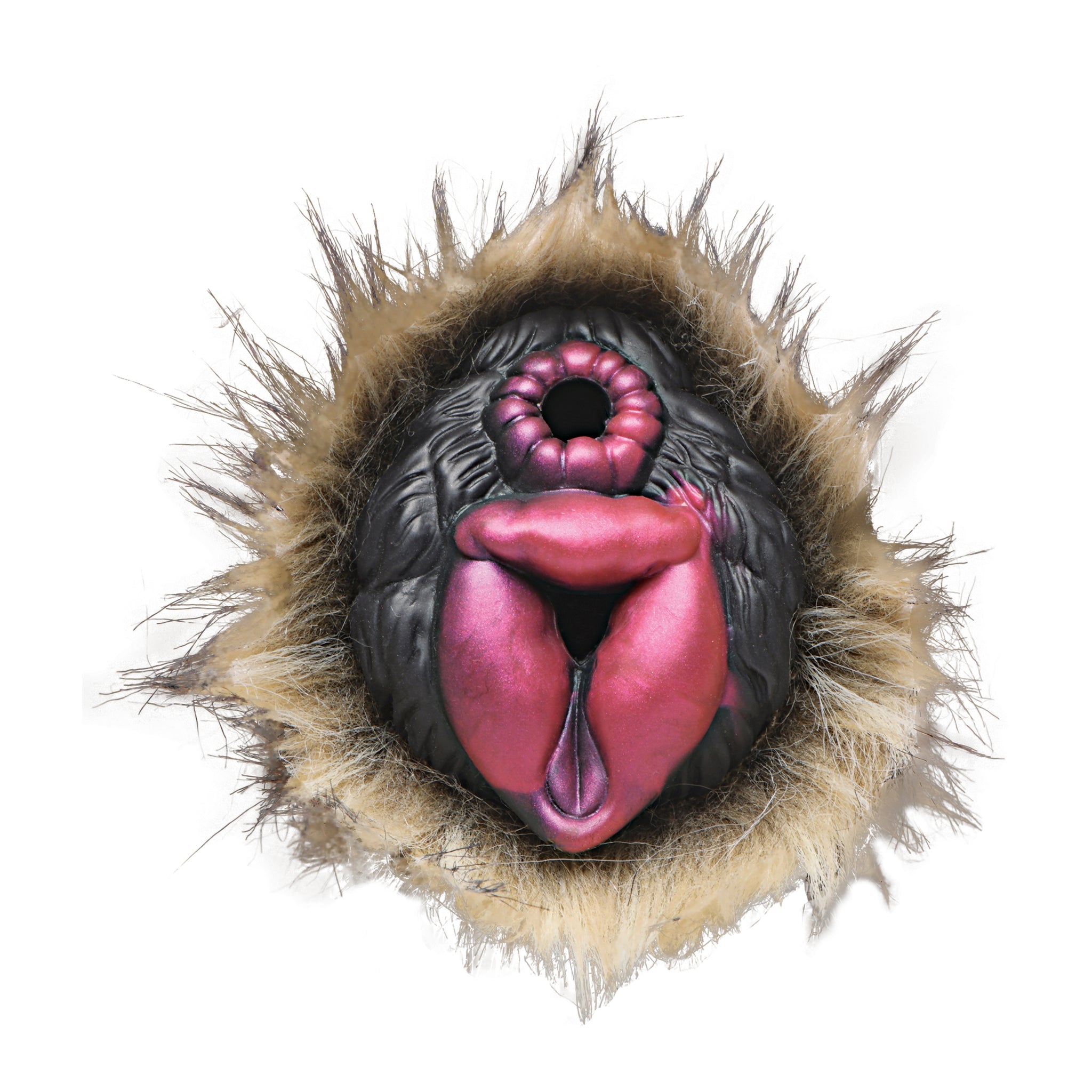 A realistic wolf mask with pink lips and brown fur.