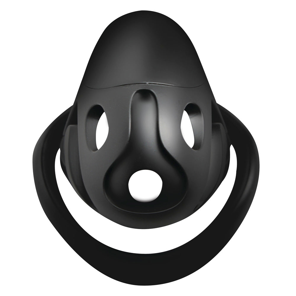 Black breathable chastity cage with silicone lining and openings.