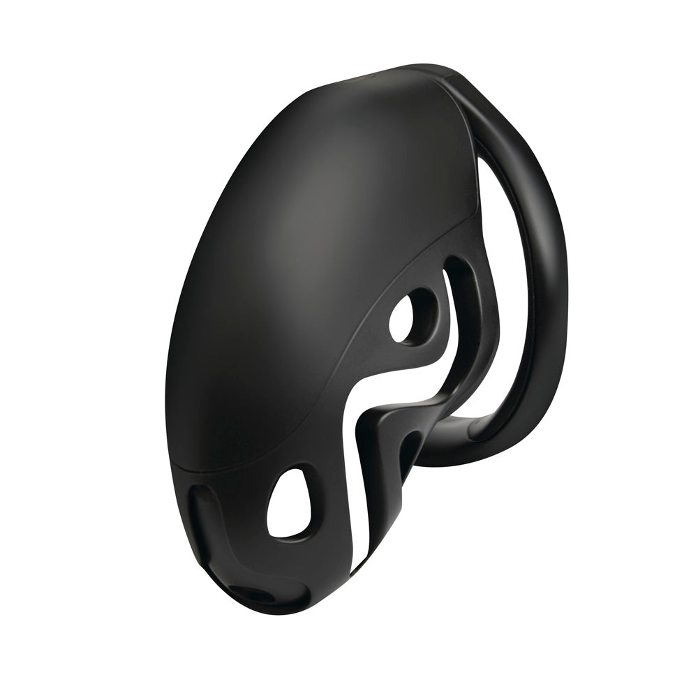Black breathable men's chastity cage with silicone lining.