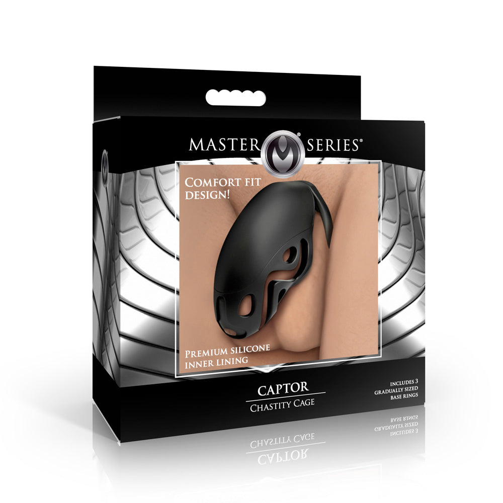 Black Captor chastity cage with silicone lining and breathable design.