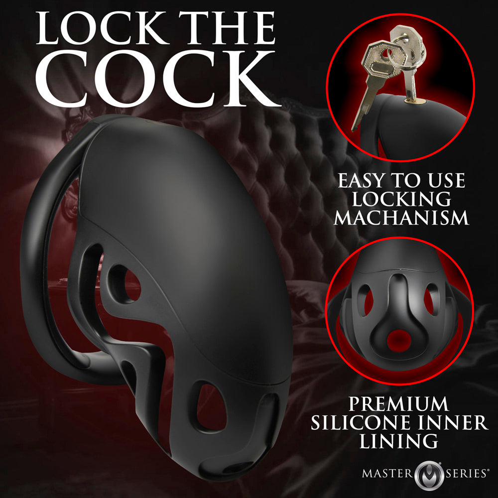 Black chastity cage with silicone lining and locking mechanism.