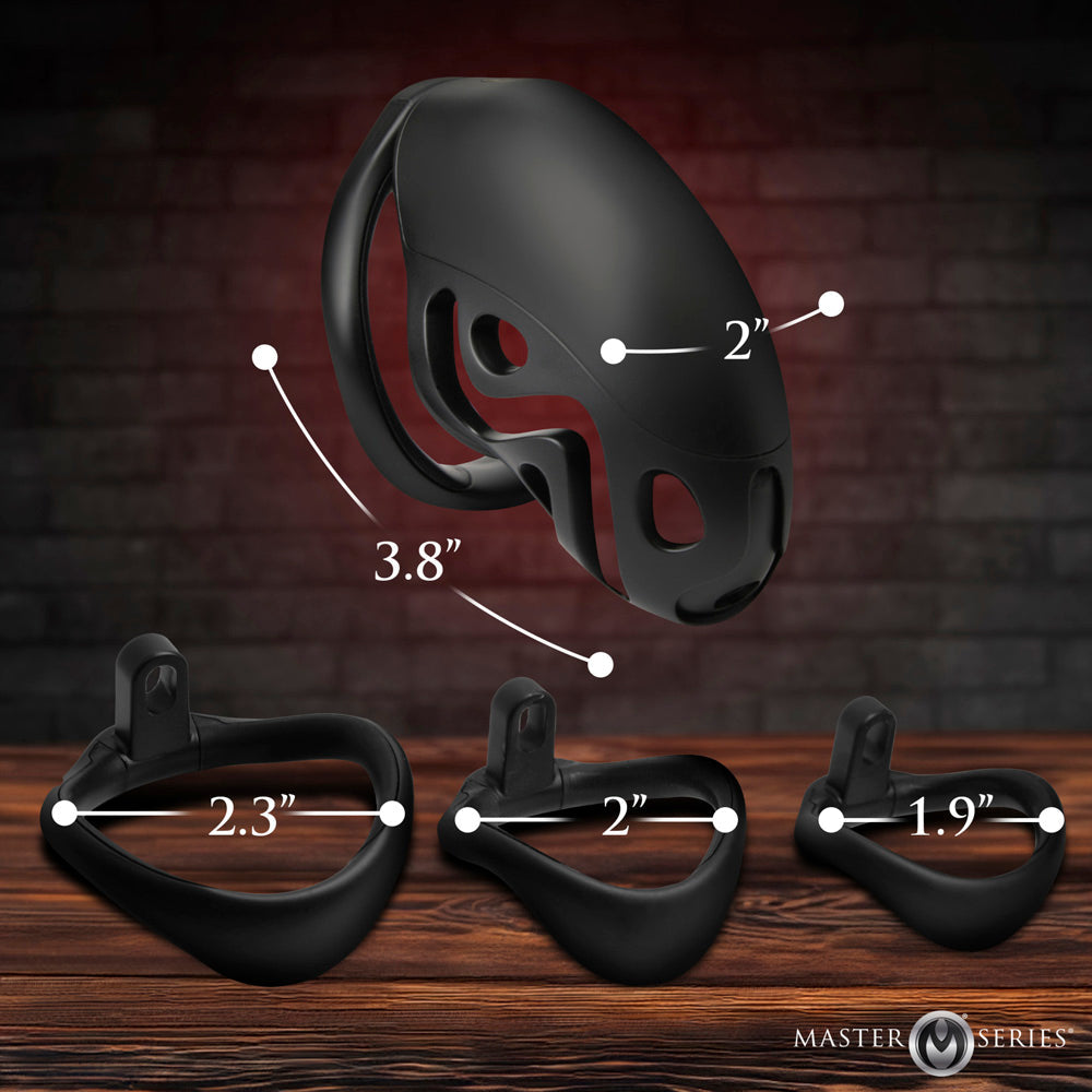 Black chastity cage with three ring sizes and silicone lining.