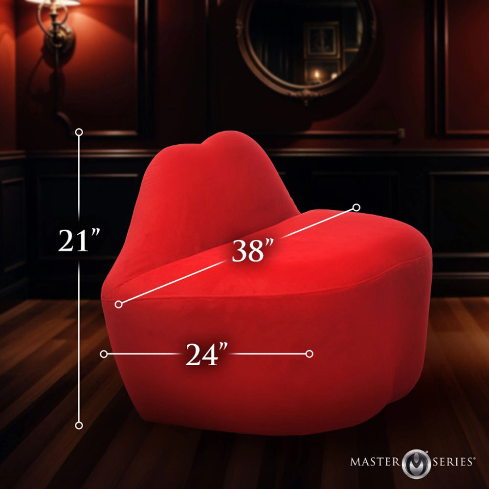 Red velvet lip-shaped loveseat with dimensions 38" L x 24" W x 21" H.