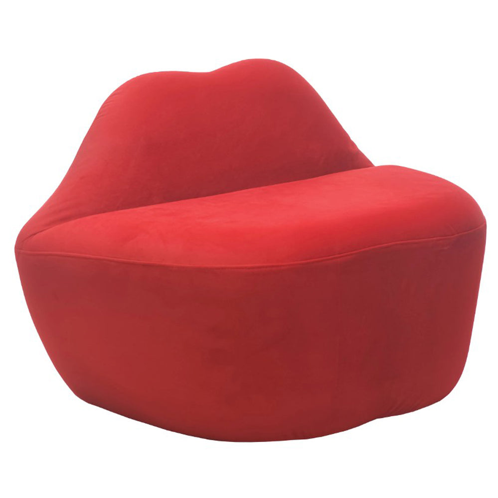 A red velvet loveseat shaped like lips.