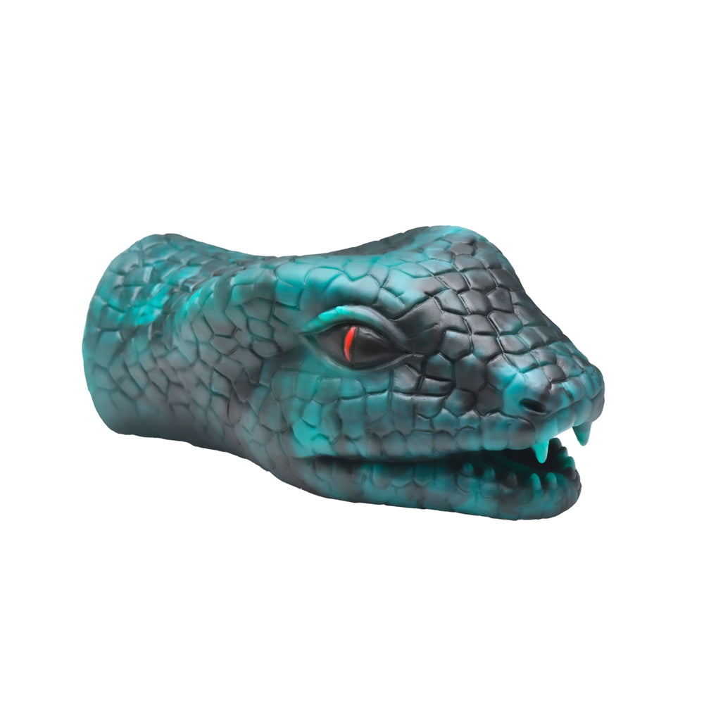 Green serpentine fantasy silicone stroker with red eyes and fangs.