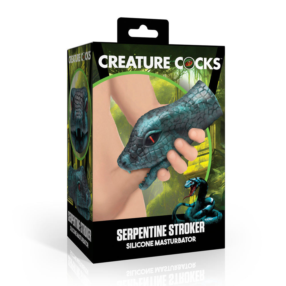 Green silicone masturbator shaped like a snake's head.