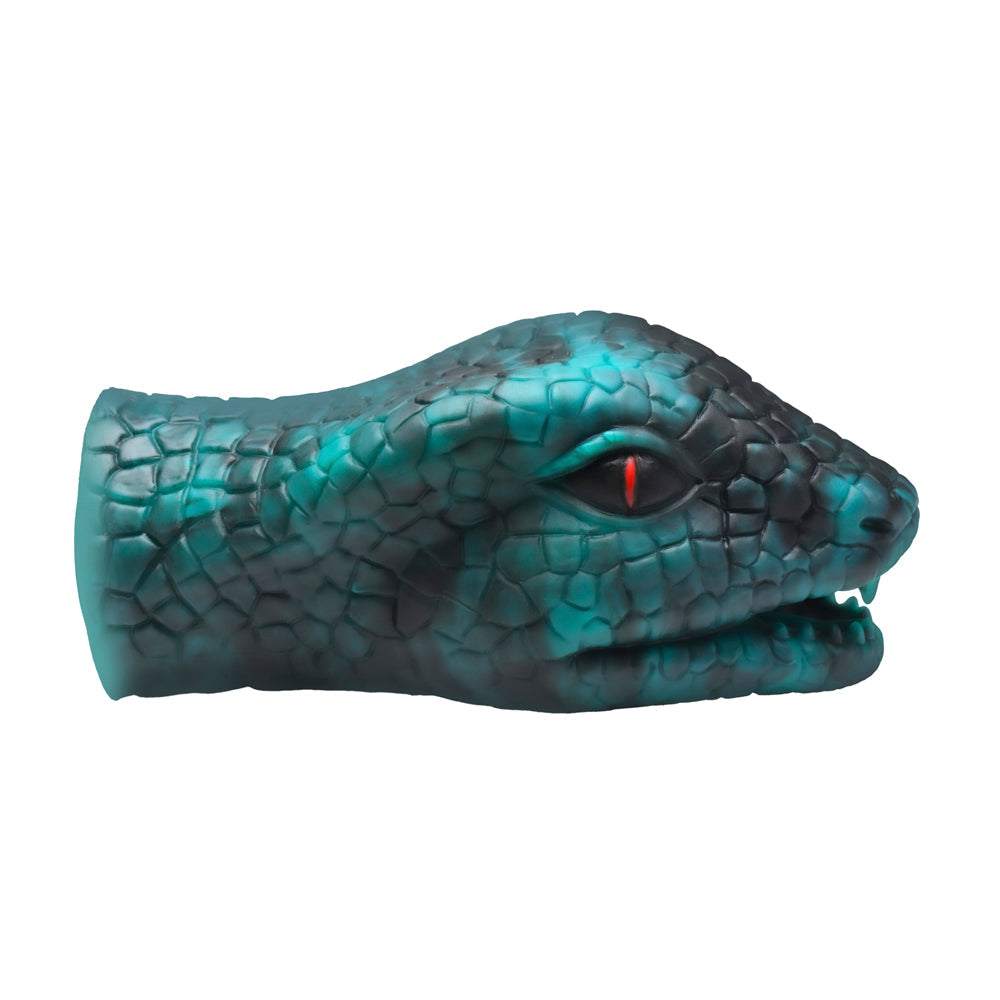 Green snake head silicone stroker with red eye.