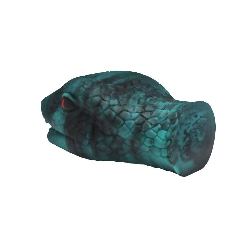 Green serpentine fantasy silicone stroker with textured interior.