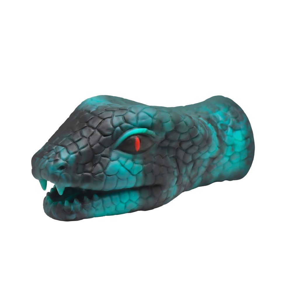 Green snake head silicone stroker with red eyes and fangs.