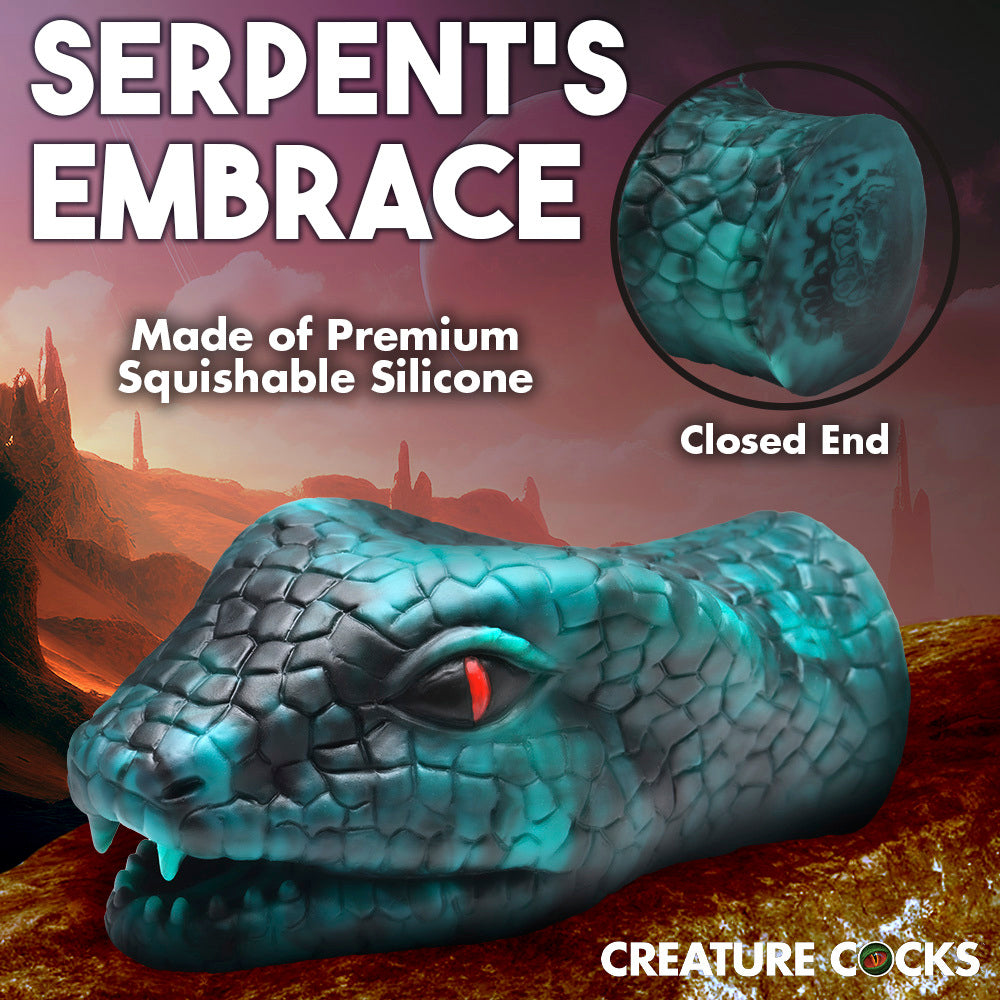 A green, serpentine-shaped silicone stroker with a closed end.