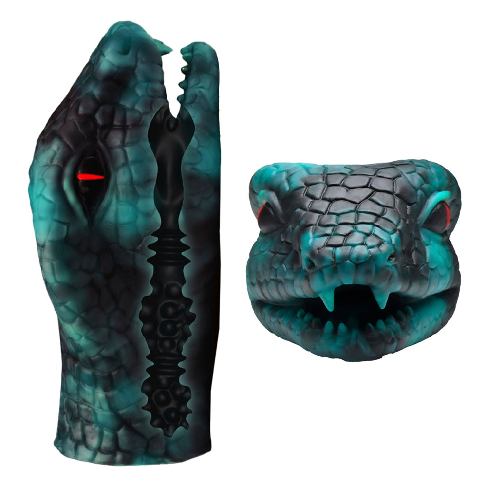 Green serpentine fantasy silicone stroker masturbator with red eyes.