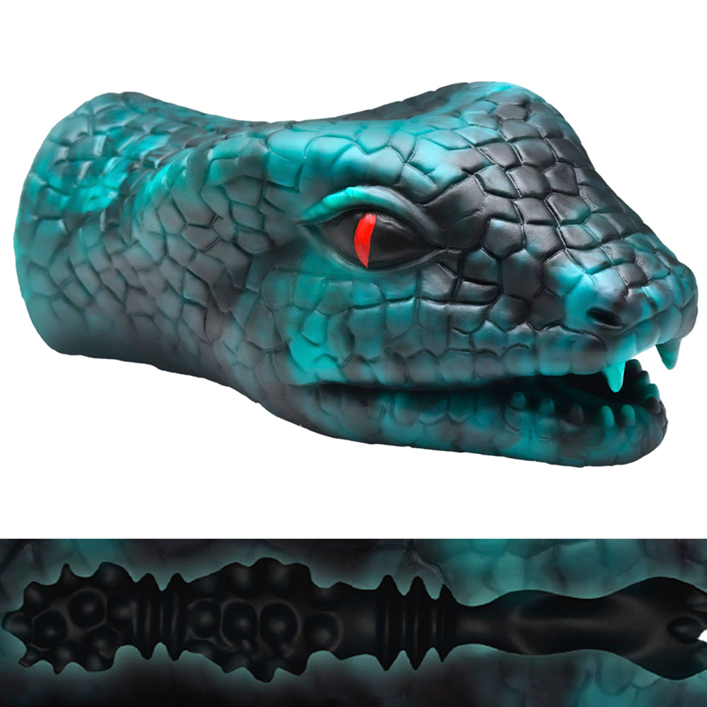 Green snake head stroker with red eye and textured interior.