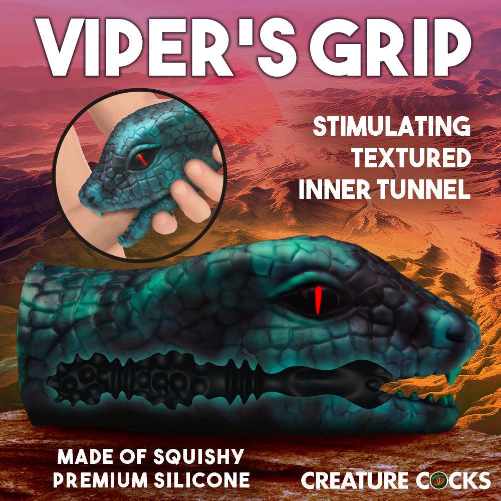 Green serpentine fantasy silicone stroker with textured inner tunnel.