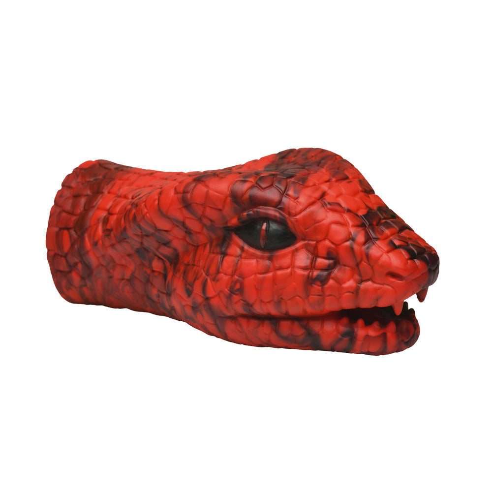 Red silicone snake head masturbator with black markings.
