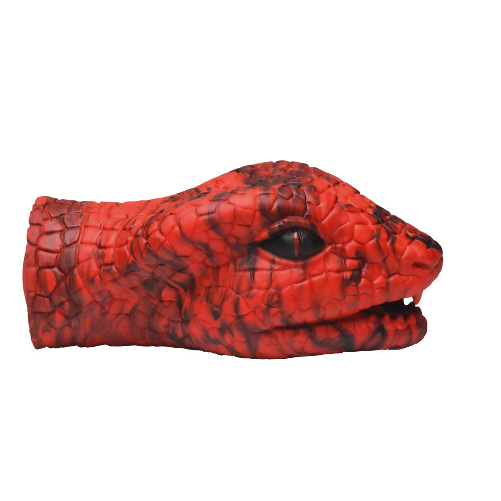 Red silicone snake head masturbator with black markings.