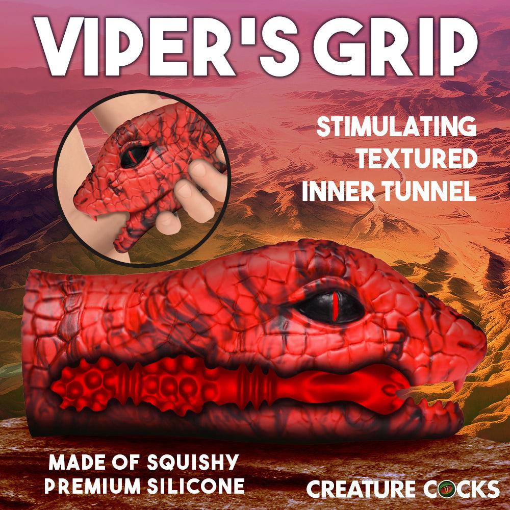 Red textured silicone viper head masturbator with text.