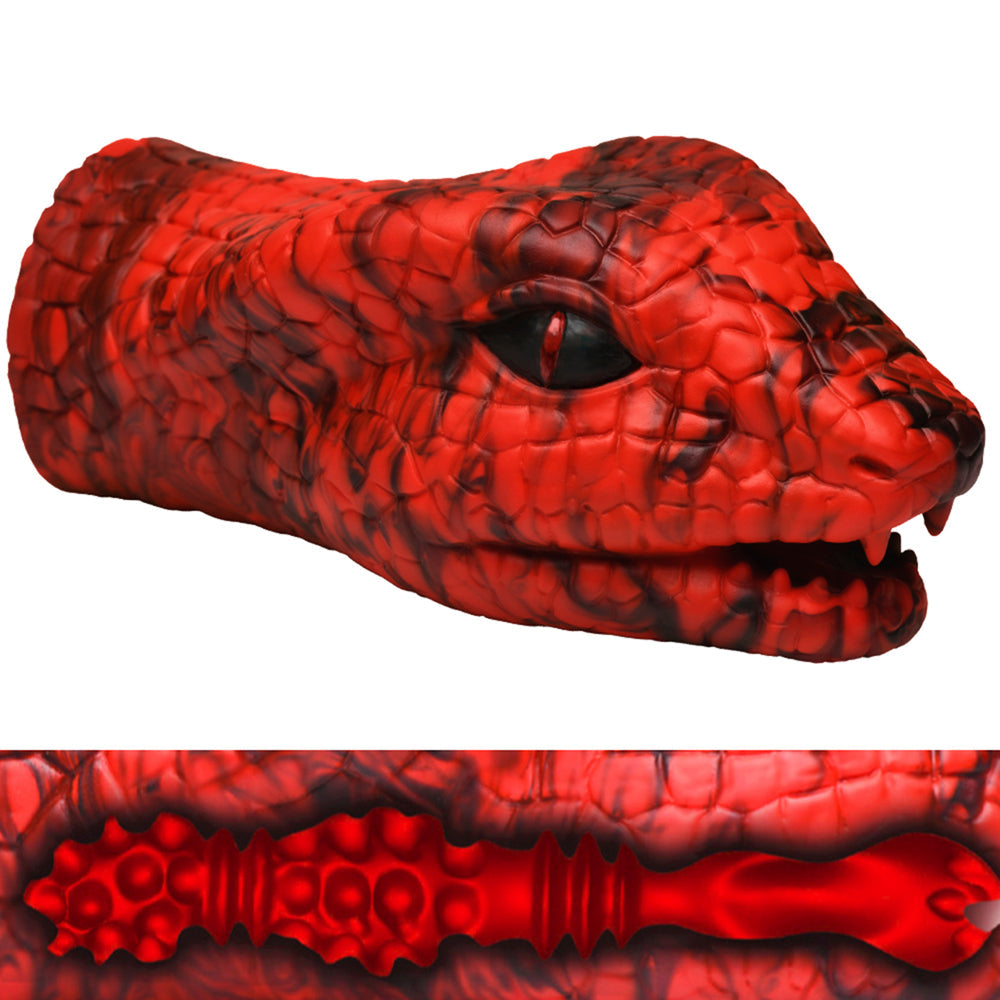 Red silicone snake head masturbator with textured interior.