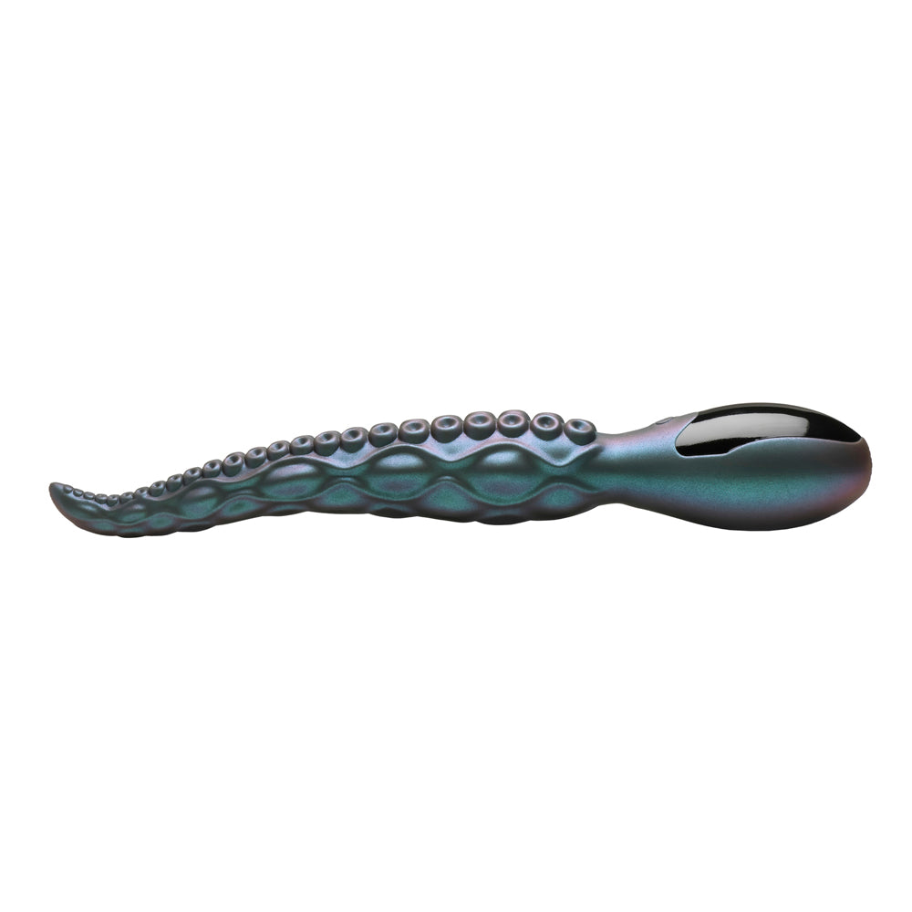 Teal tentacle silicone vibrator with suction cup texture and a smooth head.