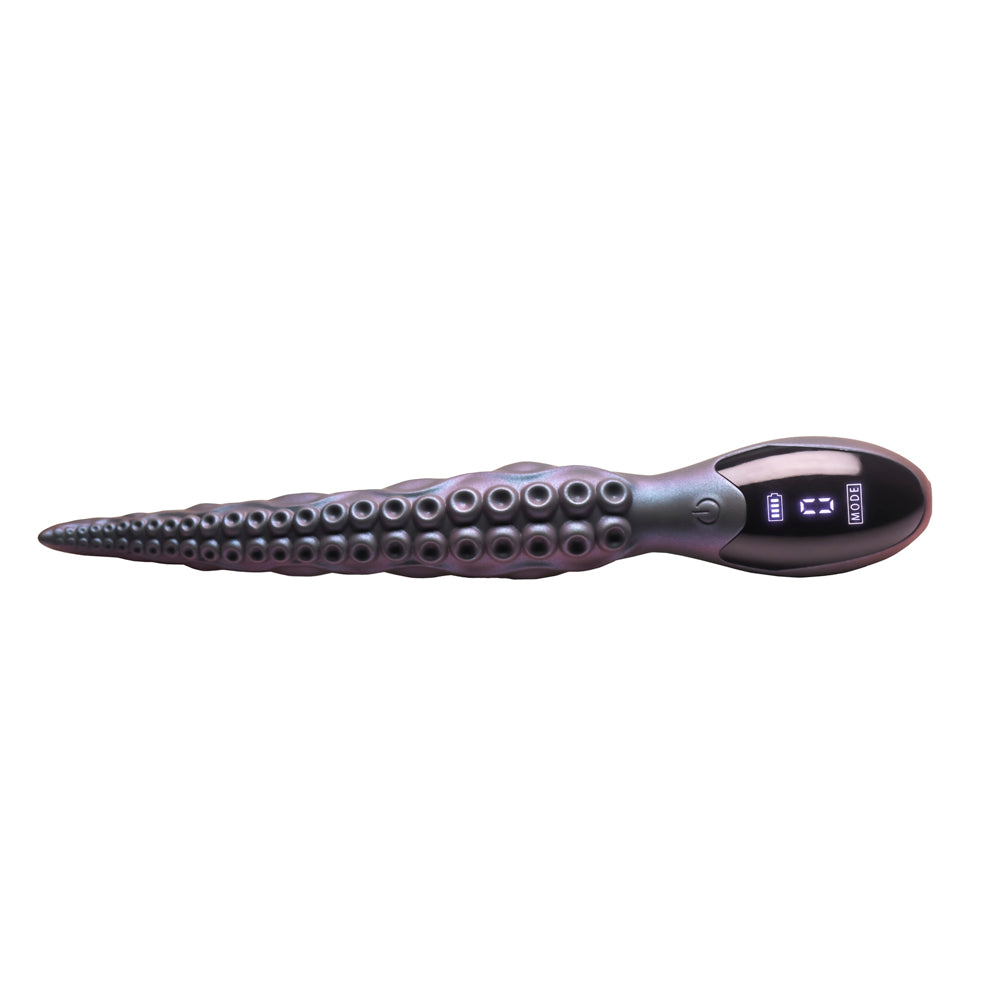 Rechargeable teal tentacle silicone vibrator with digital display.