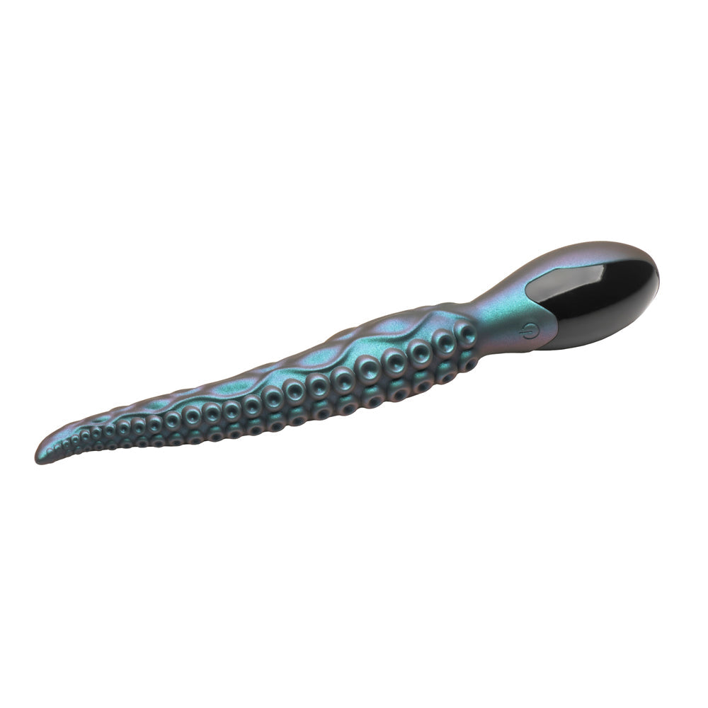 Teal tentacle silicone vibrator with suckers and a black tip.