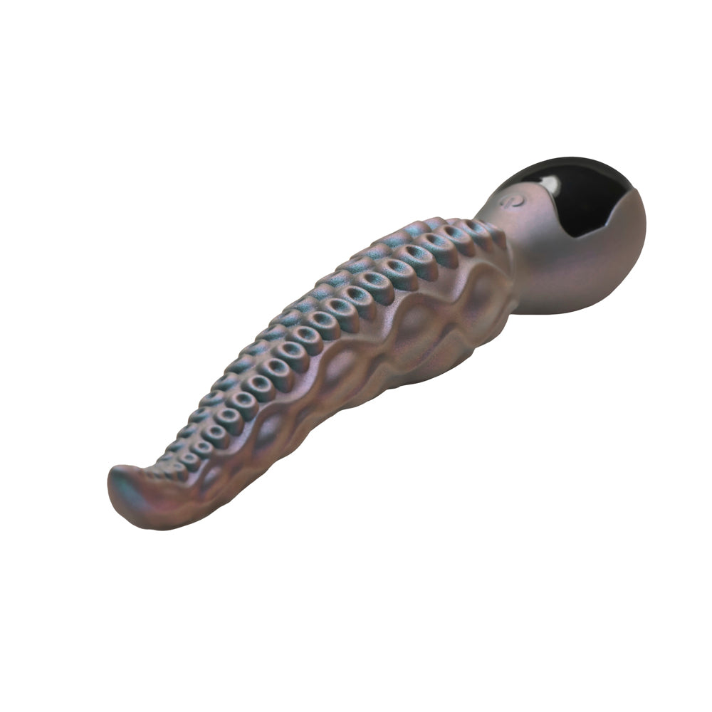 Teal tentacle silicone vibrator with textured suckers and a black rounded tip.