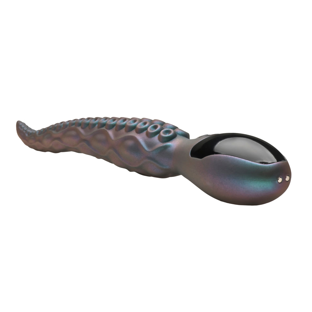A teal tentacle vibrator with suction cup details and a black tip.
