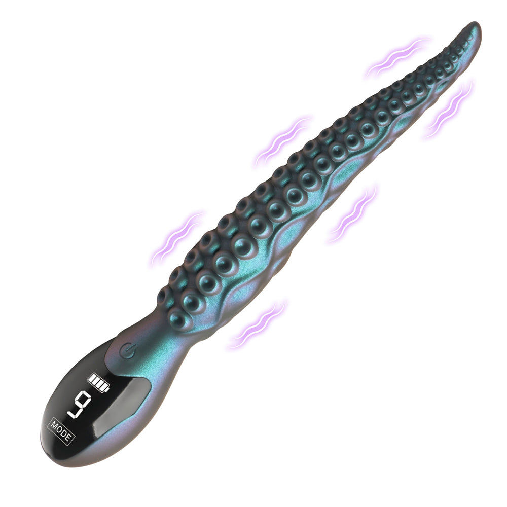 Rechargeable teal tentacle silicone vibrator with digital display.