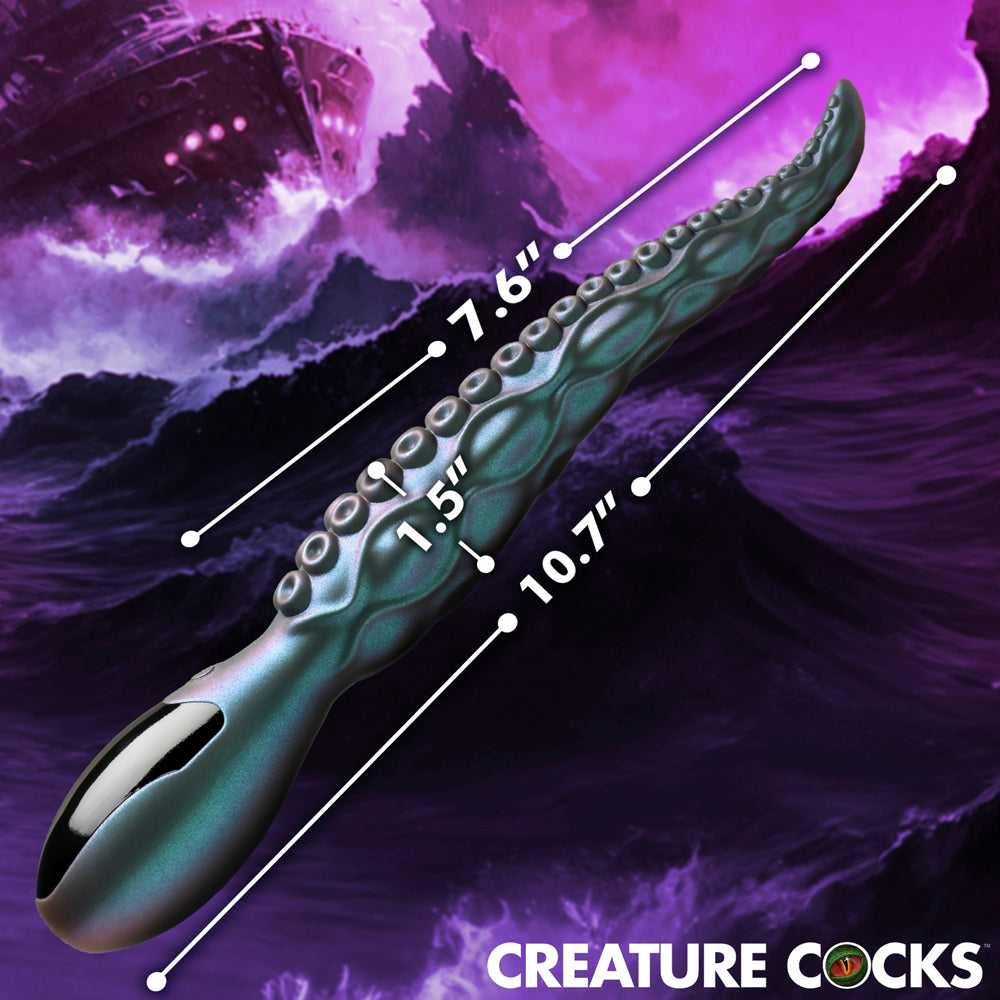 Teal tentacle silicone vibrator with suction cup texture and measurements.
