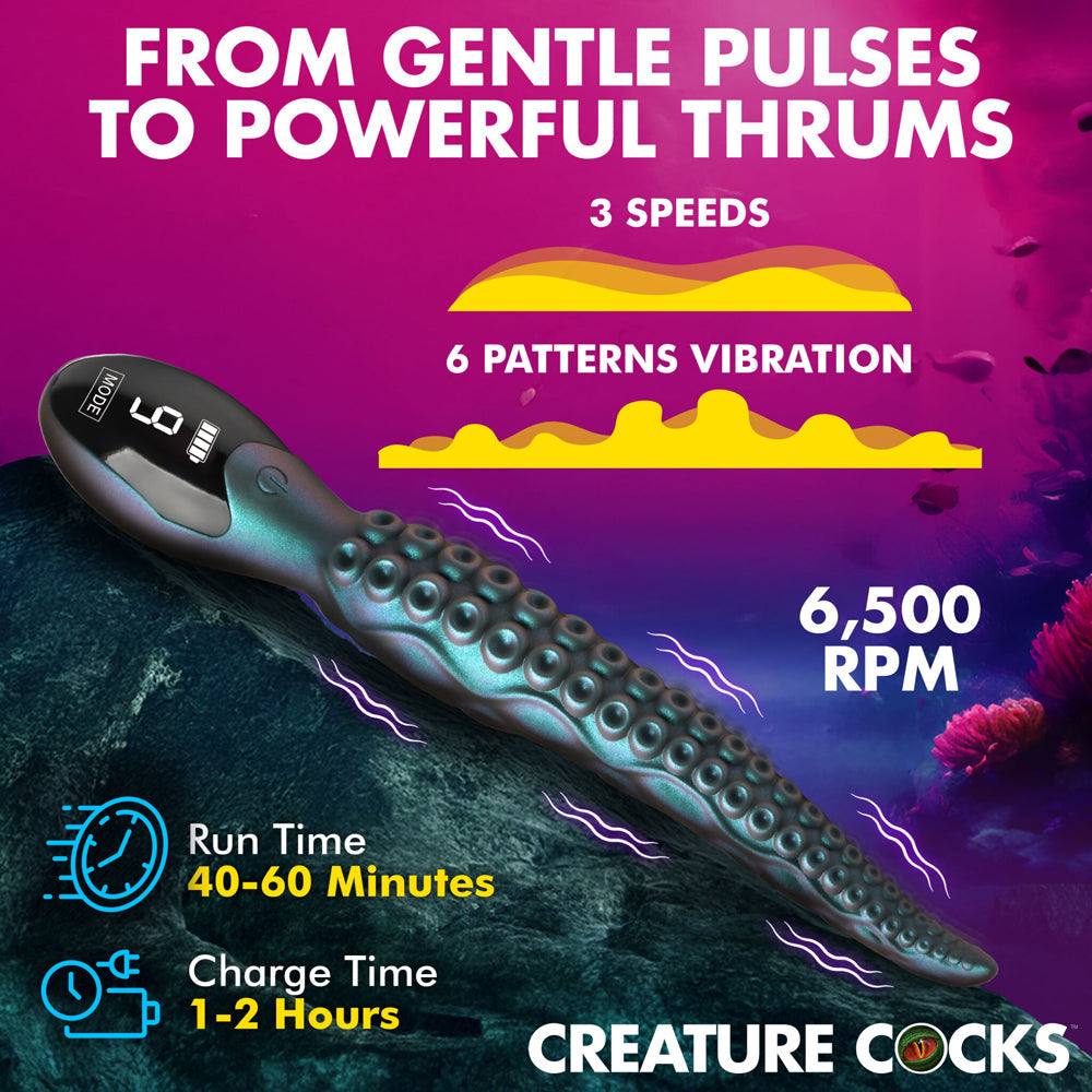 Teal tentacle silicone vibrator with digital display and octopus-like suckers.