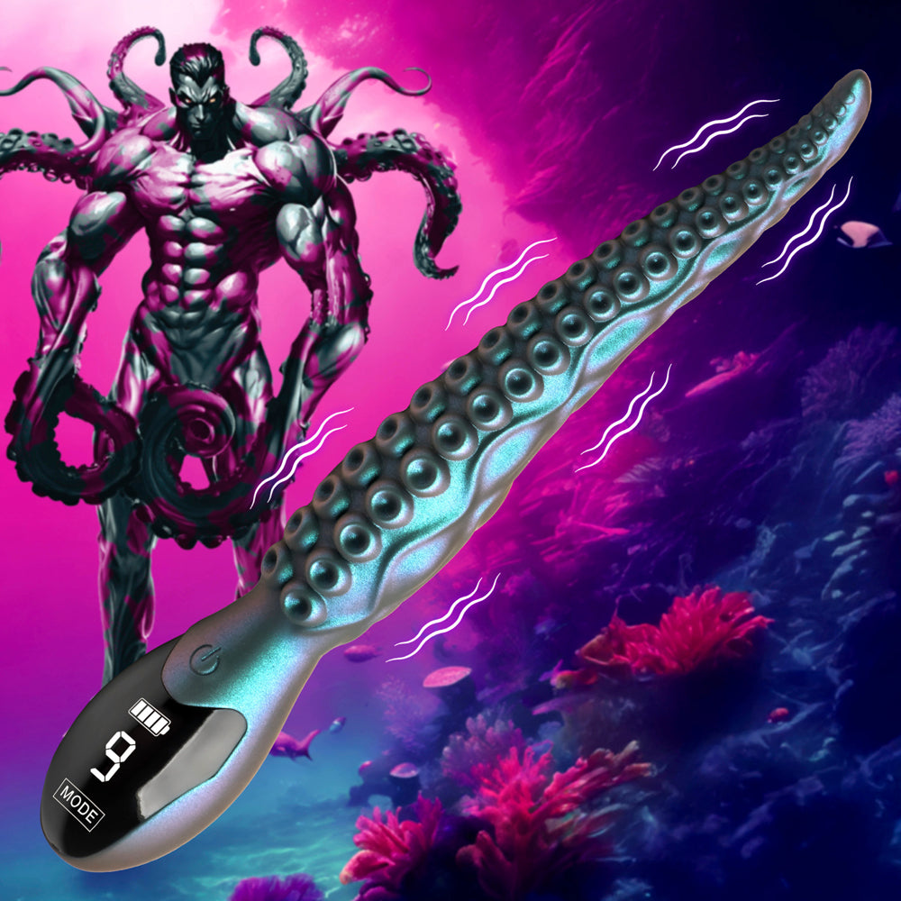 A teal tentacle vibrator with a digital display and suction cups.