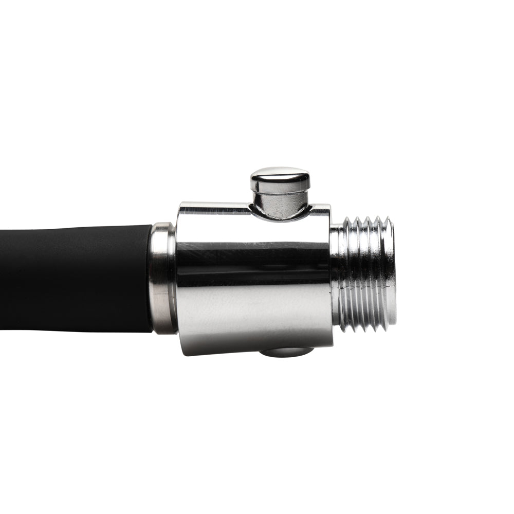 Silicone shower enema set with a metal hose and threaded connector.
