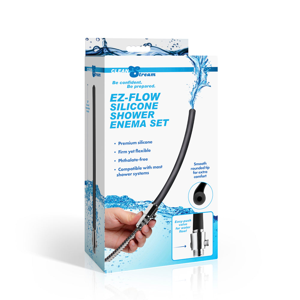 Silicone shower enema set with a metal hose and smooth tip.