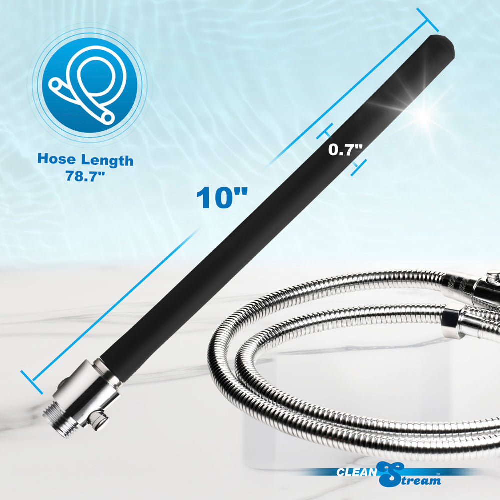 Silicone shower enema nozzle with a 78-inch metal hose.