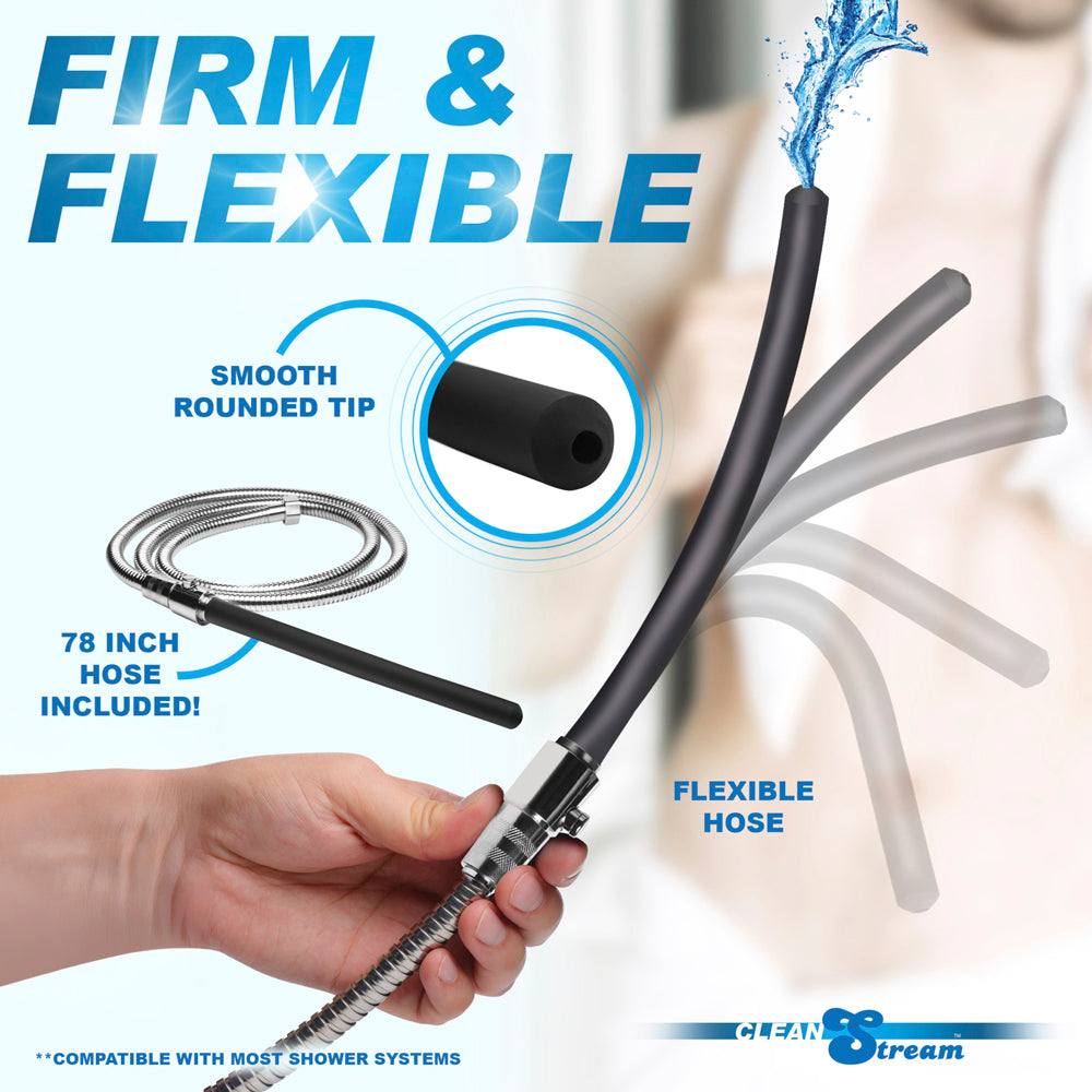 Silicone shower enema set with a 78-inch metal hose and smooth rounded tip.