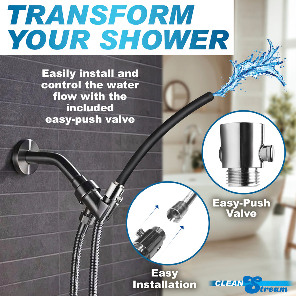 Shower enema set with metal hose and easy-push valve.
