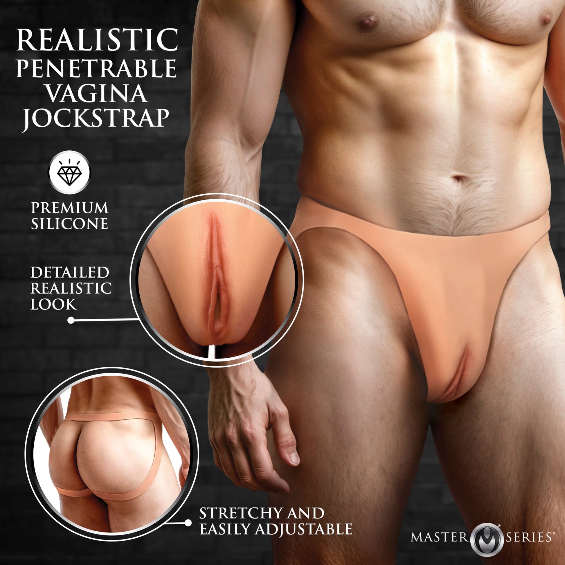 Realistic silicone vagina jockstrap in light color with detailed vulva and stretchy straps.