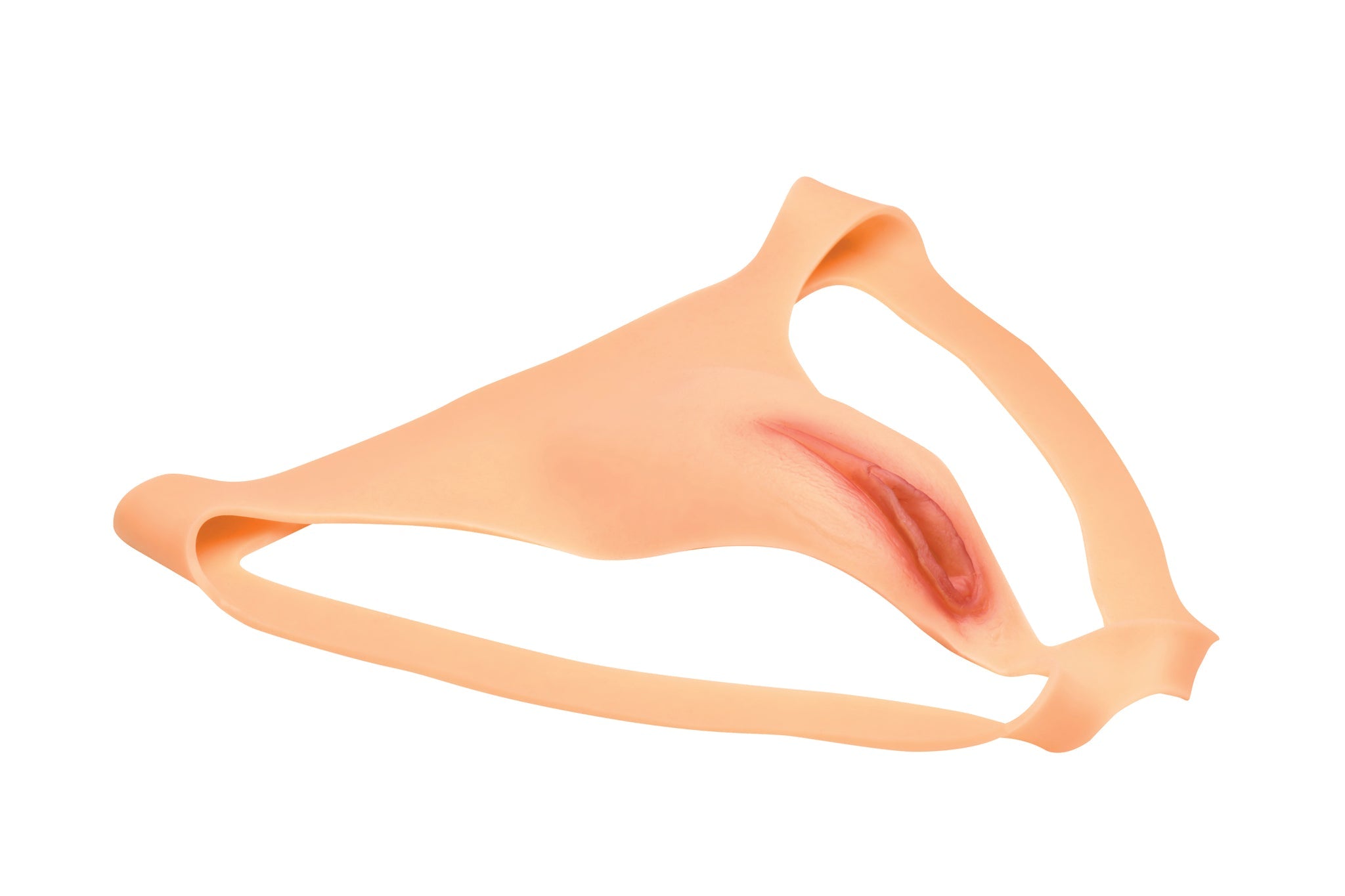 Realistic silicone vagina jockstrap with skin-colored straps.