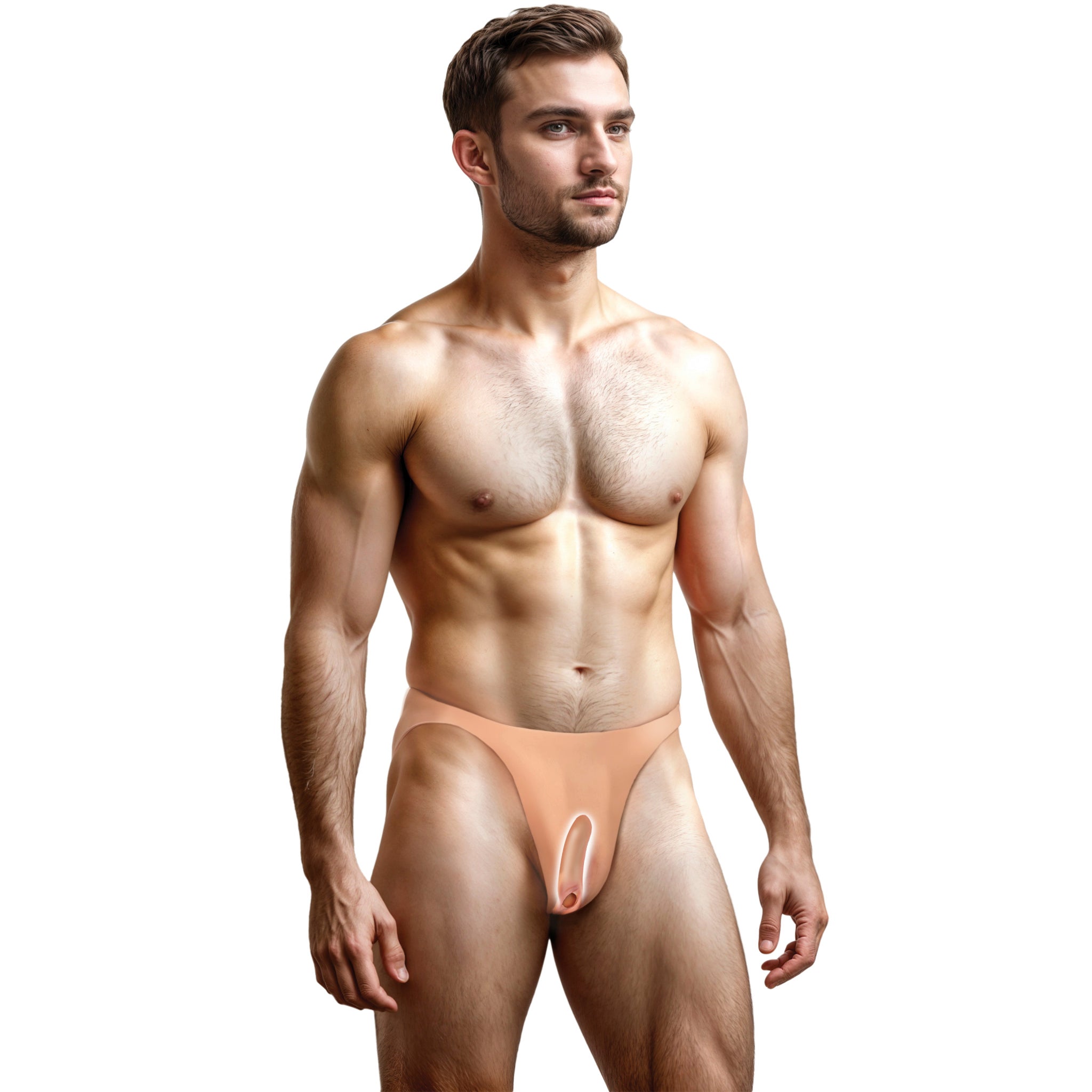 Realistic silicone vagina jockstrap with skin-colored straps.