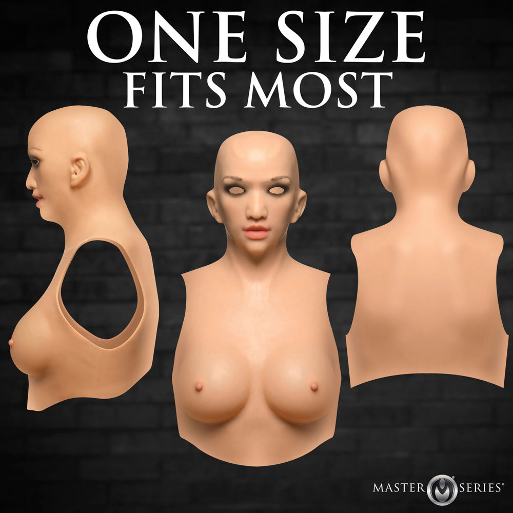 Silicone masker suit with realistic face and C-cup breasts from Master Series, one size fits most.