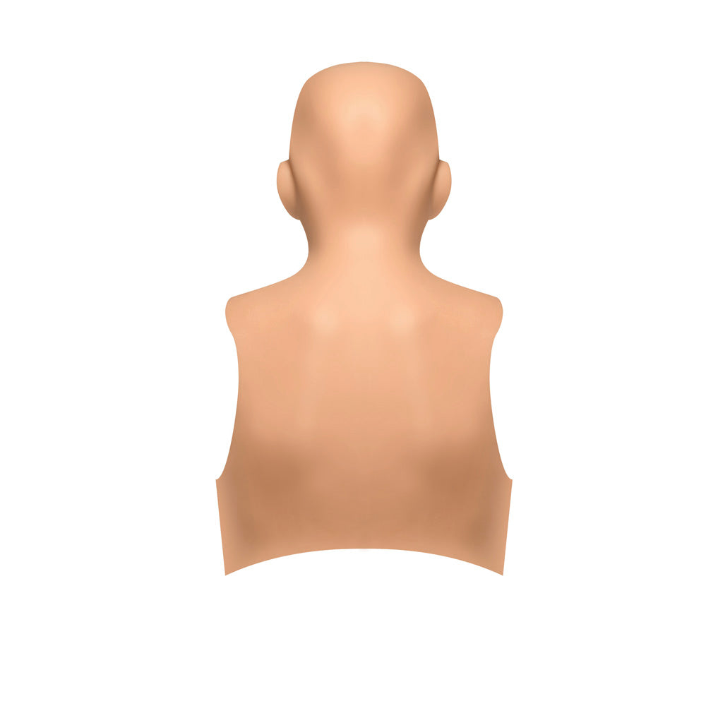 Realistic silicone torso and head mask with C-cup breasts.