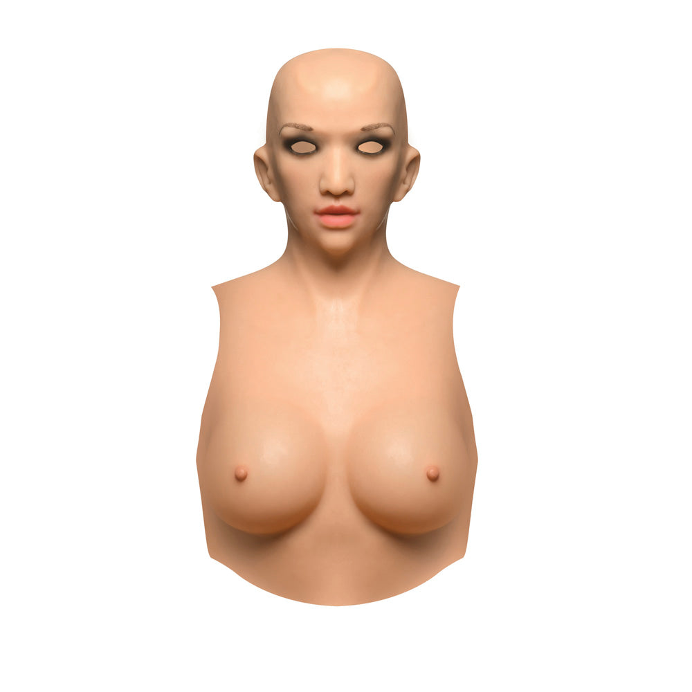 Silicone masker suit with realistic face, dark eyes, and perky C-cup breasts.
