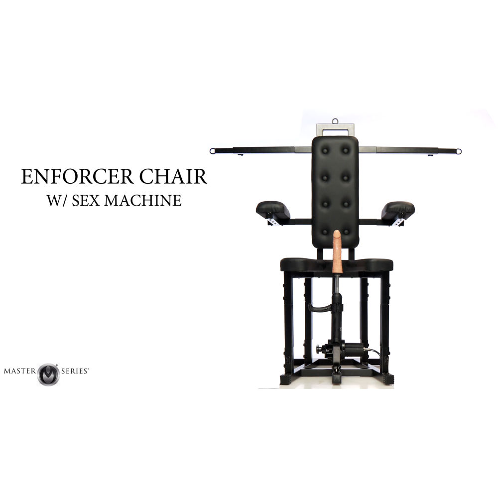 Black bondage chair with armrests and a motorized sex machine attachment.