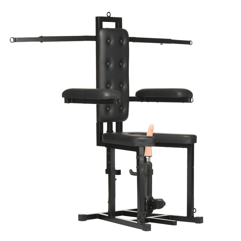 Black bondage chair with padded backrest, armrests, seat, and a motorized sex machine attachment.