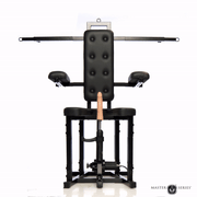 Enforcer Bondage Chair with Motorized Sex Machine, featuring steel frame, leather cushions, restraints, and attached dildo.