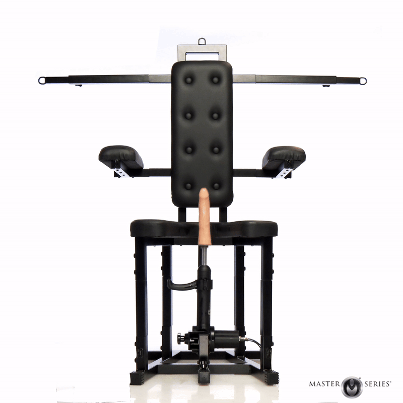 Enforcer Bondage Chair with Motorized Sex Machine, featuring steel frame, leather cushions, restraints, and attached dildo.
