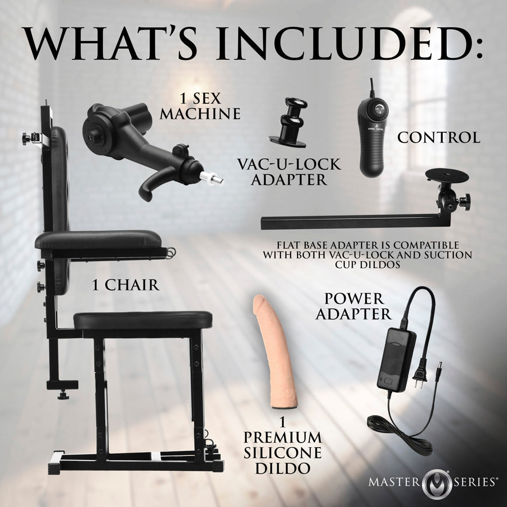 Bondage chair with sex machine, control, adapters, and dildo.
