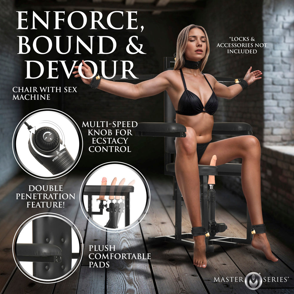 Bondage chair with motorized sex machine and plush pads.