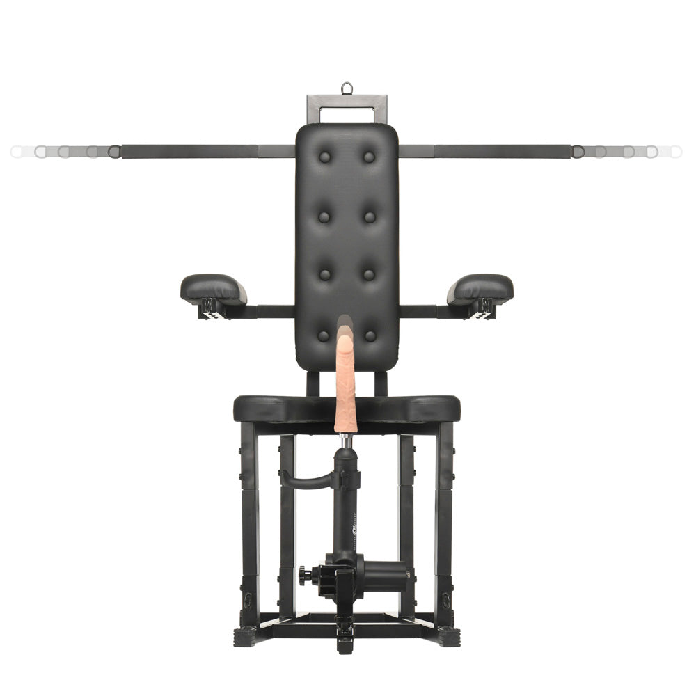 Black bondage chair with a motorized sex machine and dildo.