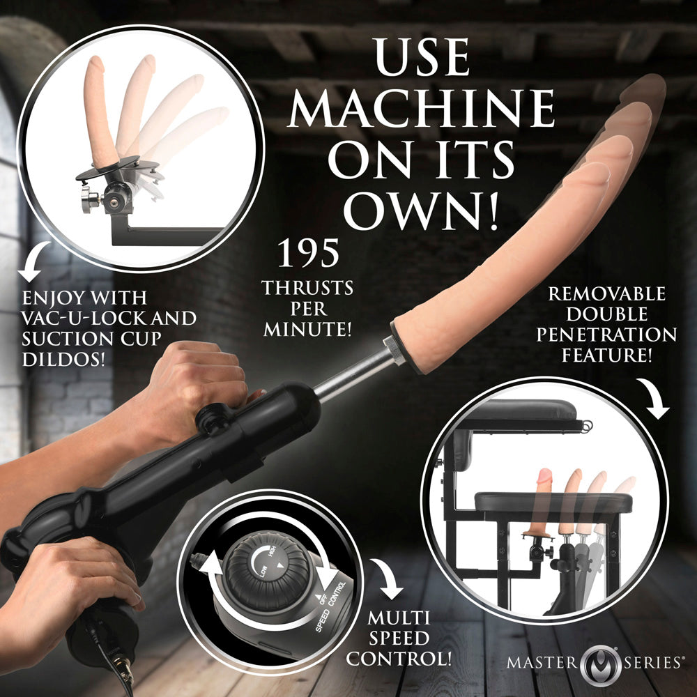 Motorized sex machine with a dildo, speed control, and a bondage chair.
